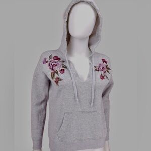 American Eagle Outfitters Light Gray Hoodie with Purple Floral Embroidery